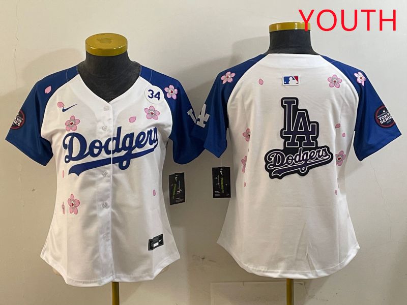 Youth Los Angeles Dodgers Blank White Blue Sakura Edition 2025 Nike MLB Jersey style 22->youth mlb jersey->Youth Jersey